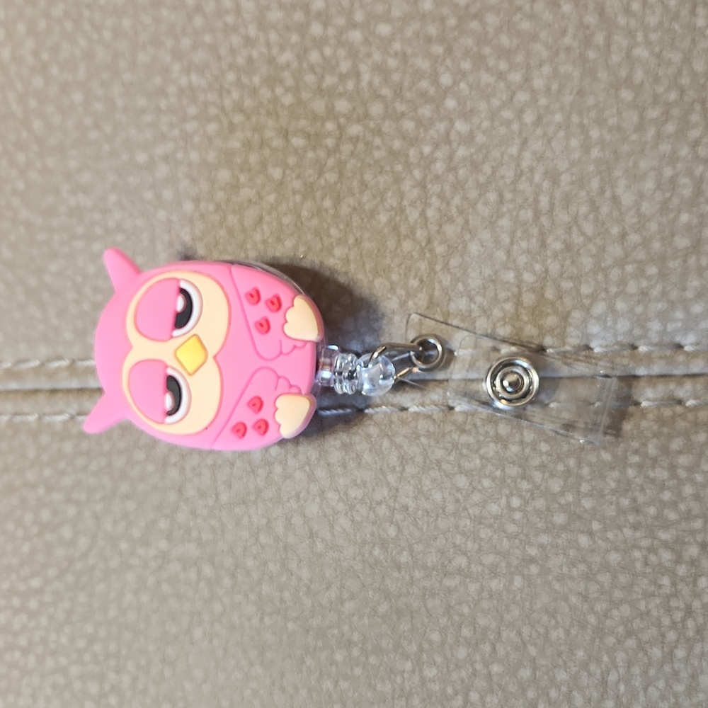 Pink owl handmade badge reel new